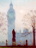 view of Big Ben bell tower as visible through the fog, framed by trees to left and right