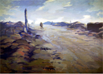 painting of a traveler vanishingg into the distance at the end of a wide, dirt road