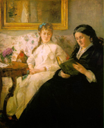 painting of a mother in black reading to her young daughter, seated on a couch in a white dress.