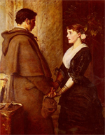 painting of young man and women facing each other, holding hands