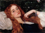 close-up of young woman with long, red hair, wearing white blouse and black dress