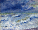 impressionistic painting of waves with some green and much blue iin both waves and sky