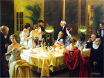 A brightly lit dinner scene of wealthy friends gathered around an ornately decorated table