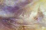 an impressionistic portrait of a lighthouse in a storm, with strong purples and yellows blending into one another