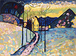 A brightly colored impressionistic painting of a road with trees on either side going towards a house