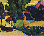 an impressionist take on a lanscape with a tree in the center and a road extending into the distance. To the right there is a field