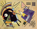 Two large shapes, black and violet, face each other while surrounded by shapes and lines