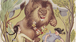 children's book illustration of large Lion surrounded by winsome trees