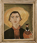 A woman with black hair and wearing a white dress looking down. The background is mostly reddish-brown and light brown squiggly lines