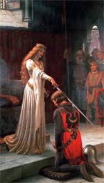 A Queen in long, flowing robes "knights" a knight in chain armor kneeling at her feet