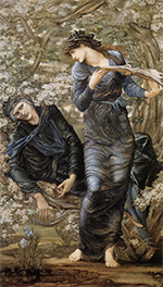 painting of Vivien seducing Merlin, both figures wearing gossamer-like, tight-fitting clothing