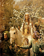 Guinevere in white and yellow garb rides a white horse, led through blossoming tree buds by courtiers