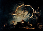 drramatiically lit painting of sleeping man surrounded by the brightly lit faires of his unconscioius