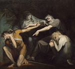 young, athletic figure in orangish-rown, close-fiitting garb kneels and turns away from elderly figure pointing finger at him.  Two women to either side of elderly Oedipus try to calm the angry, old man.